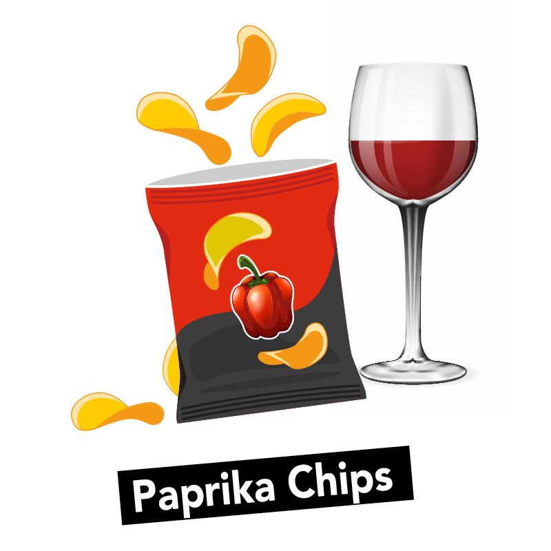 Eine Tüte Paprika Chips mit einem Glas Rotwein