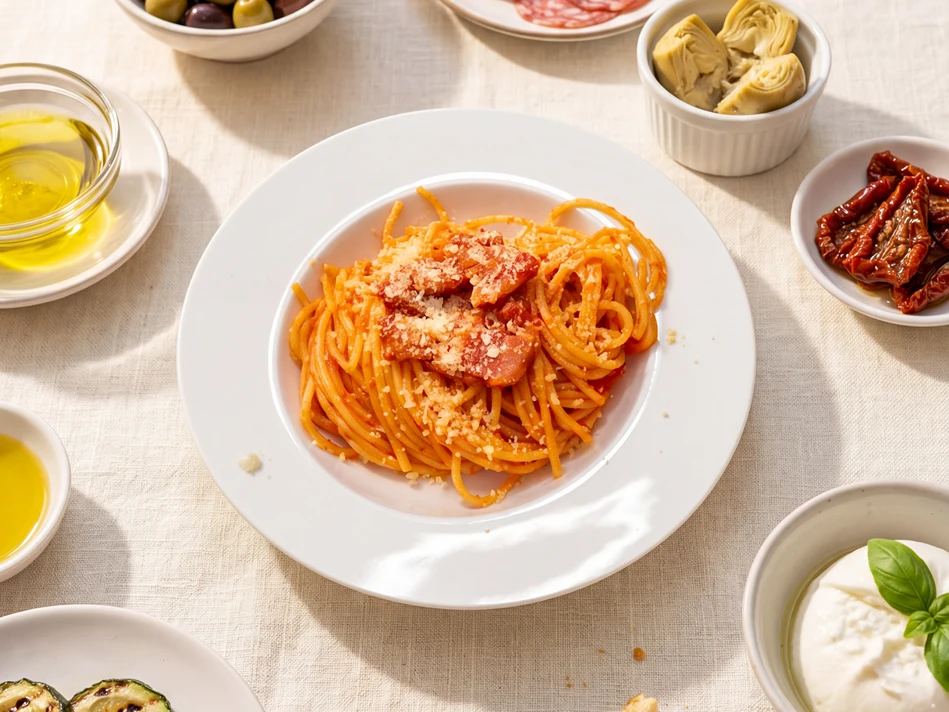 Typisch italienisch: Pasta Amatriciana Ein Teller mit Spaghetti mit kross gebratenem Speck und leuchtend roter Tomatensauce auf einem Tisch. Darüber etwas Käse gestreut.