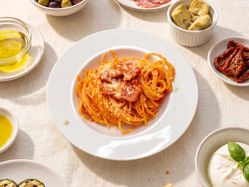 Spaghetti Amatriciana mit Guanciale und Pecorino Ein Teller mit Spaghetti in Tomatensauce mit Speck und Streukäse auf einem mediterran gedeckten Tisch.