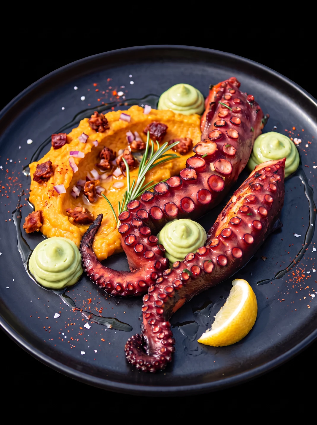 Mermaid Oktopus auf Süßkartoffel mit Chorizo und Avocado Eine Oktopustentakel auf orangem Püree