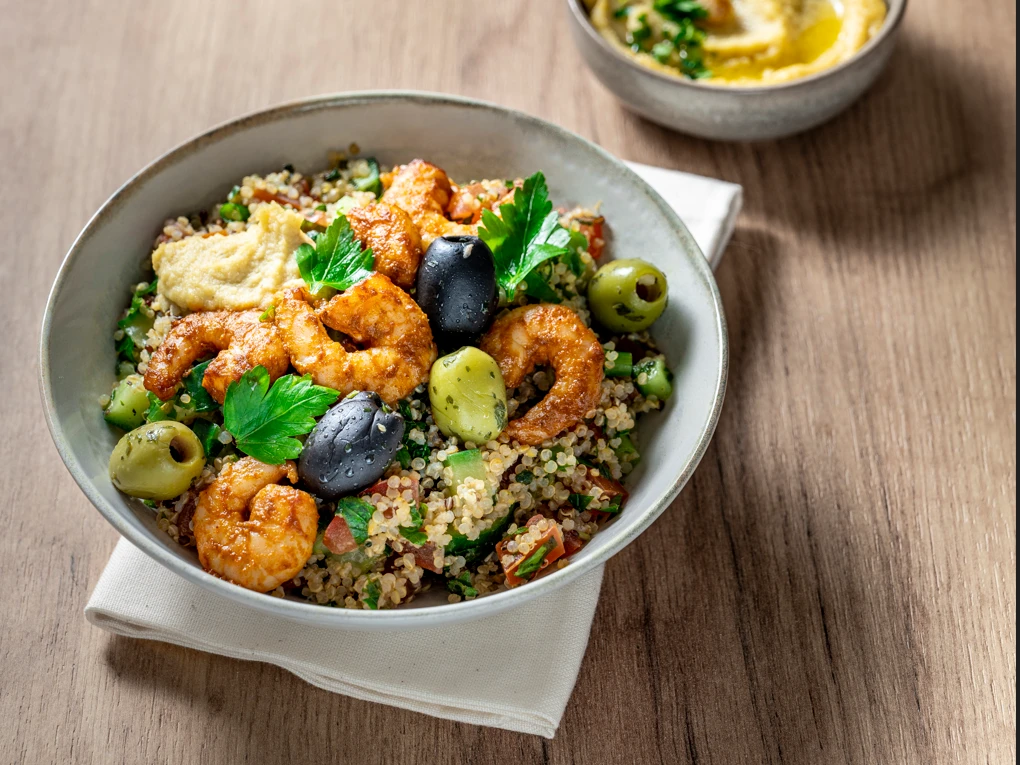 Quinoa-Salat Harissa-Prawns