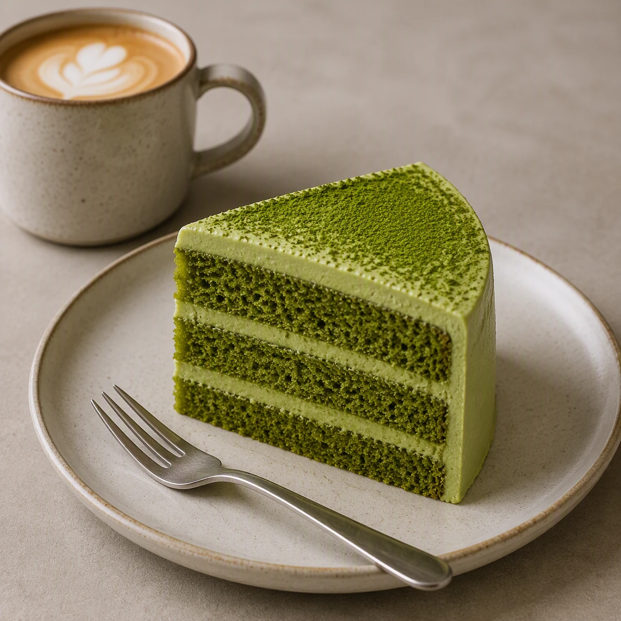 Ein Stück grüner Kuchen auf einem Teller neben einer Tasse Kaffee.