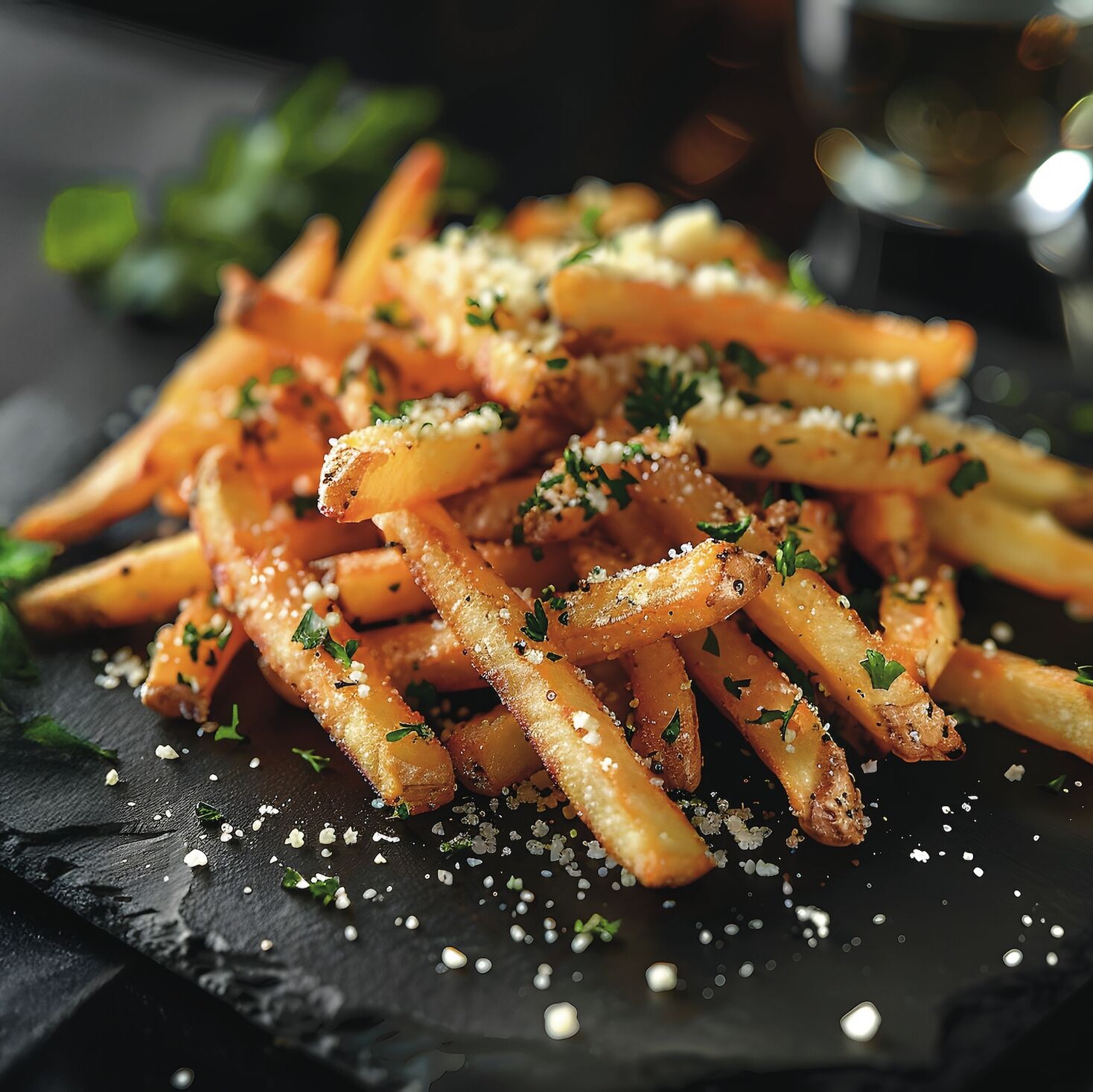 Ein Teller Pommes frites mit Parmesankäse und Petersilie.