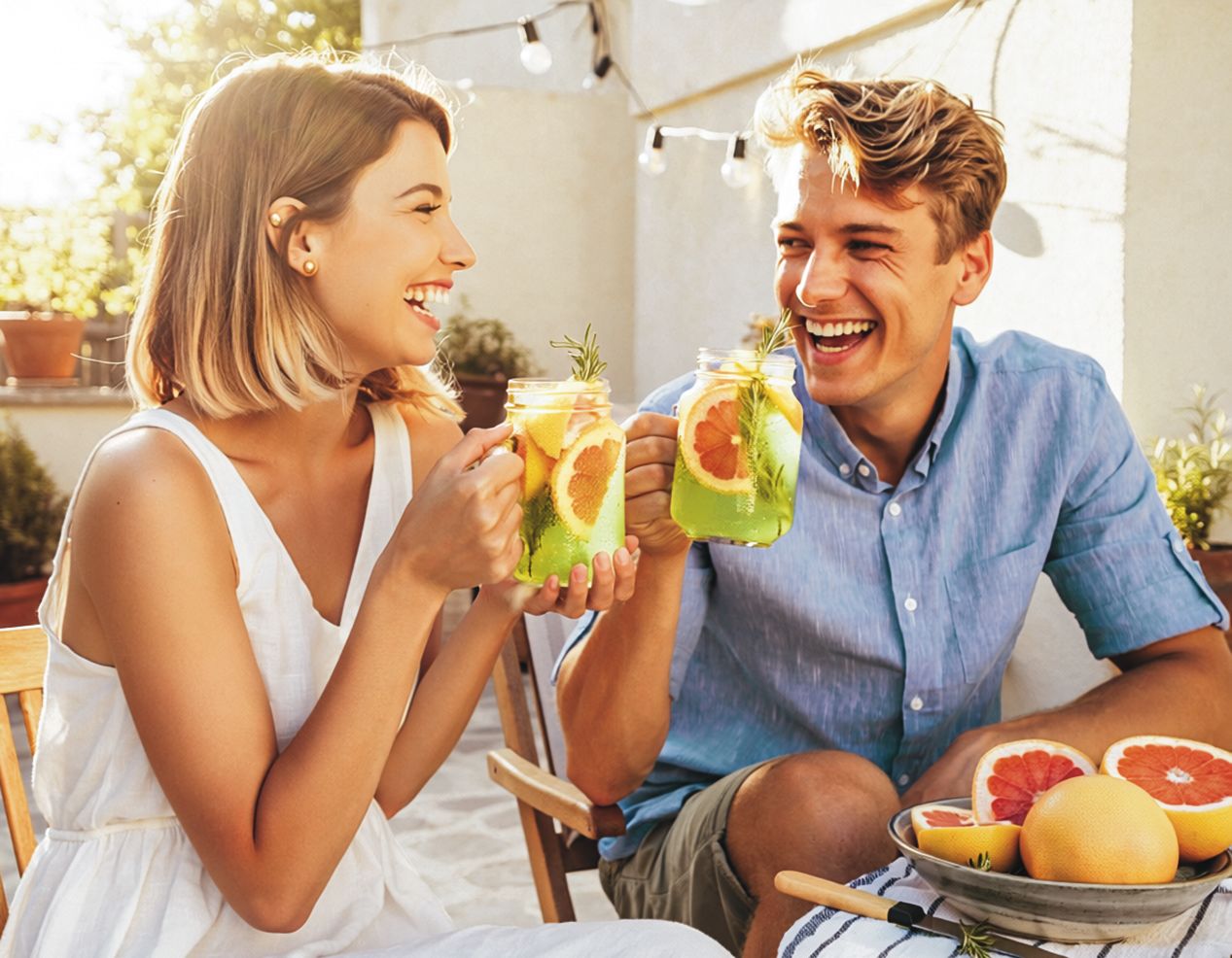 Ein Mann und eine Frau halten Getränke in der Hand.
