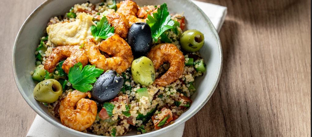 Quinoa Bowl mit Harissa Prawns Quinoa Bowl mit Harissa Prawns