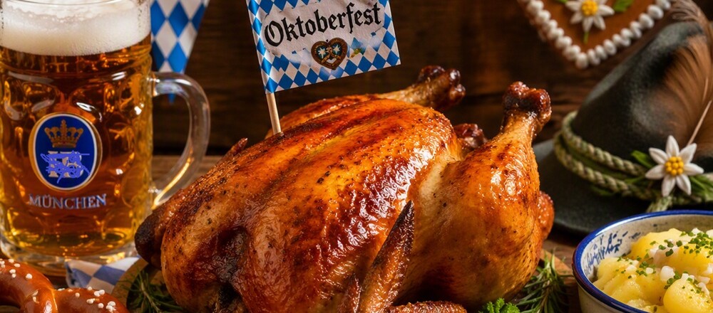 Brathendl: Dauerbrenner auf dem Oktoberfest Ein Hähnchen auf einem Tisch mit Essen und Bier.