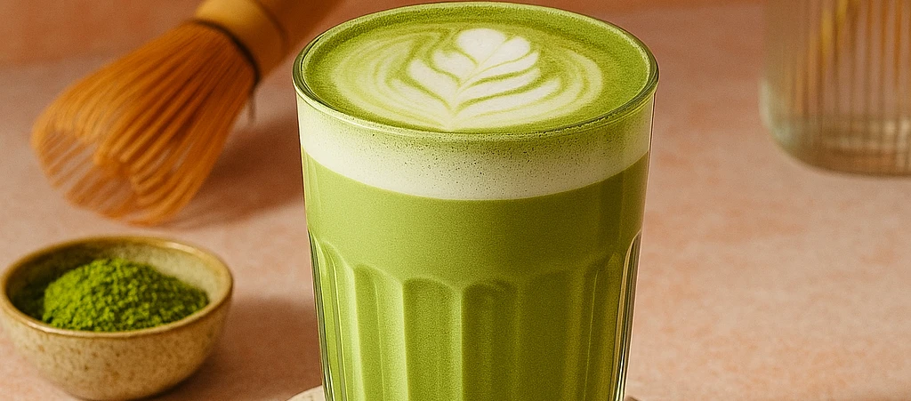 Grünes Getränk mit Blattdesign in einem Glas.
