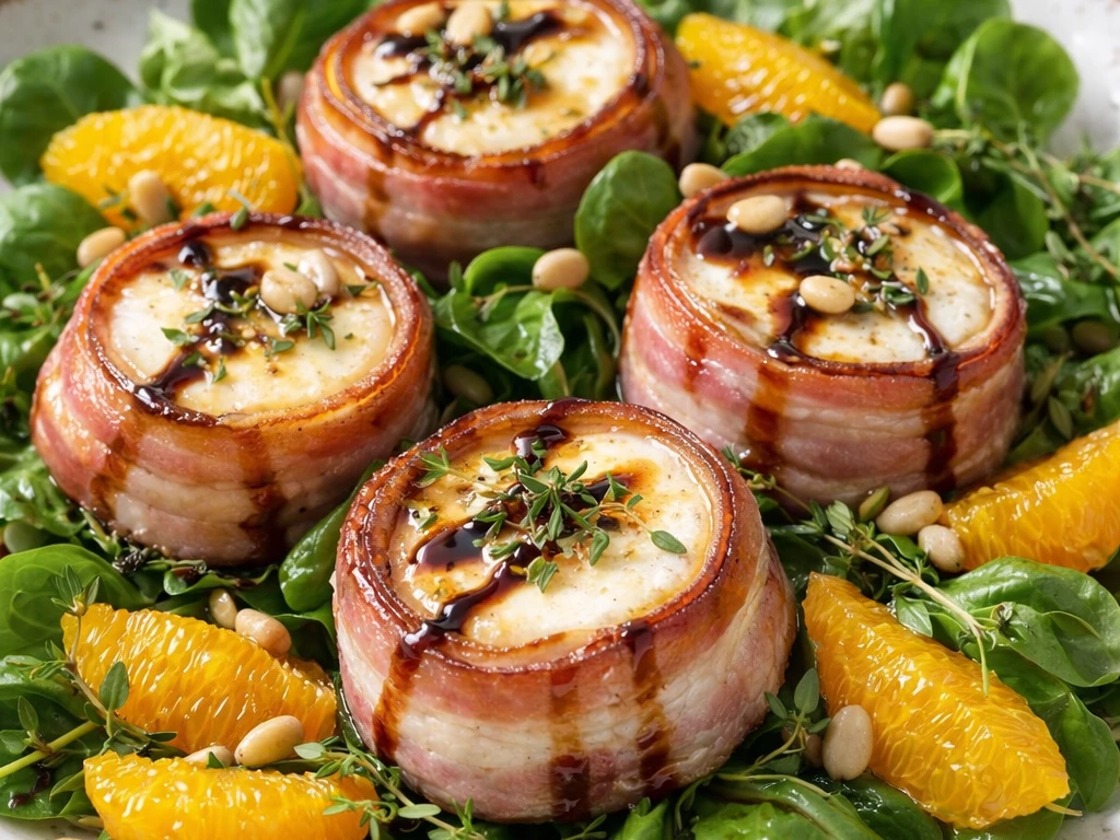 Ein Teller mit Speck umwickelten Orangen und Pinienkernen