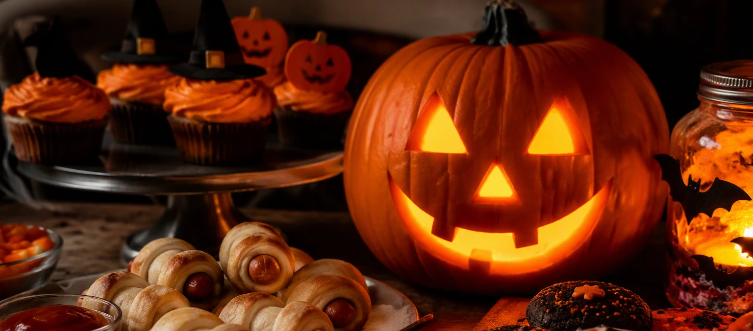 Warum an Halloween Kürbisse geschnitzt werden Ein Kürbis und Kekse auf einem Tisch