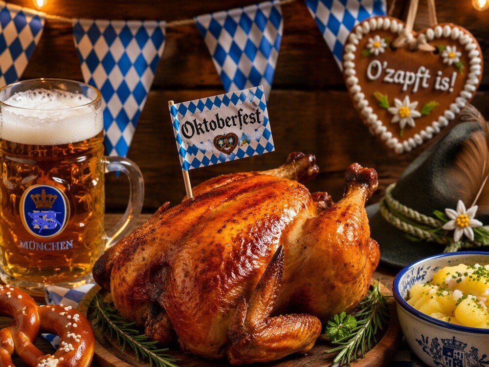 Brathendl: Dauerbrenner auf dem Oktoberfest Ein Hähnchen auf einem Tisch mit Essen und Bier.