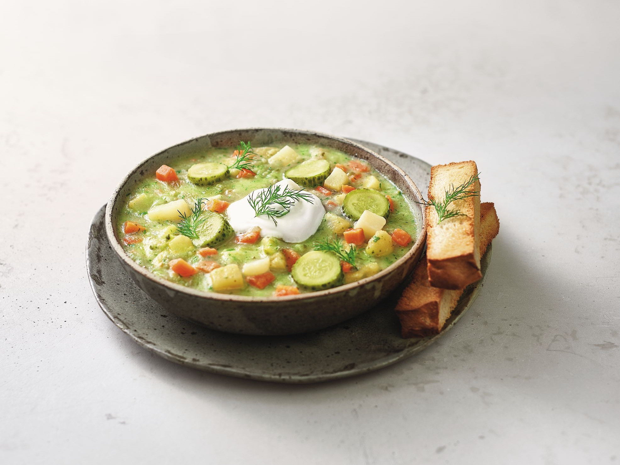Polnische Gurkensuppe Eine Schüssel Suppe mit Brot auf einem Teller.